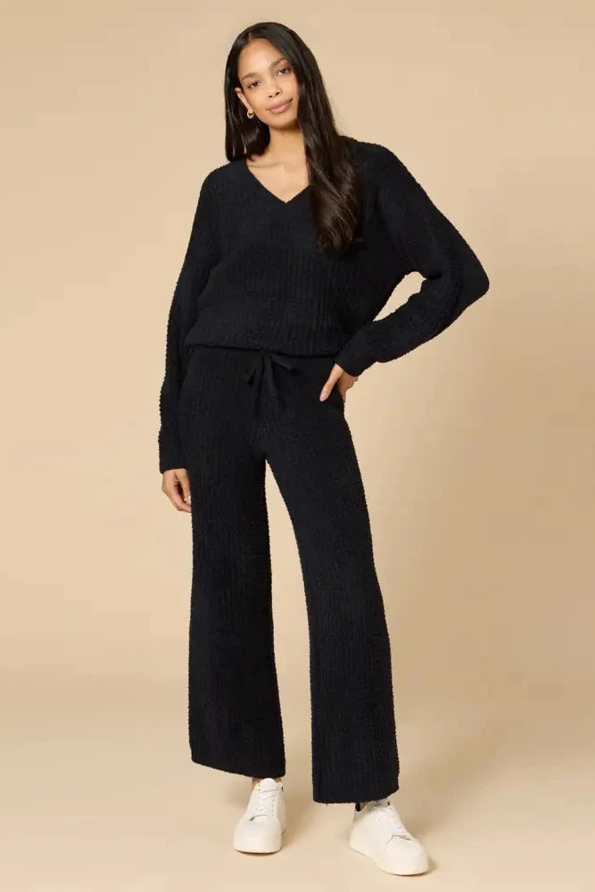 Softies Black Marshmallow Waffle Lounge Set | Ultra Soft V-Neck