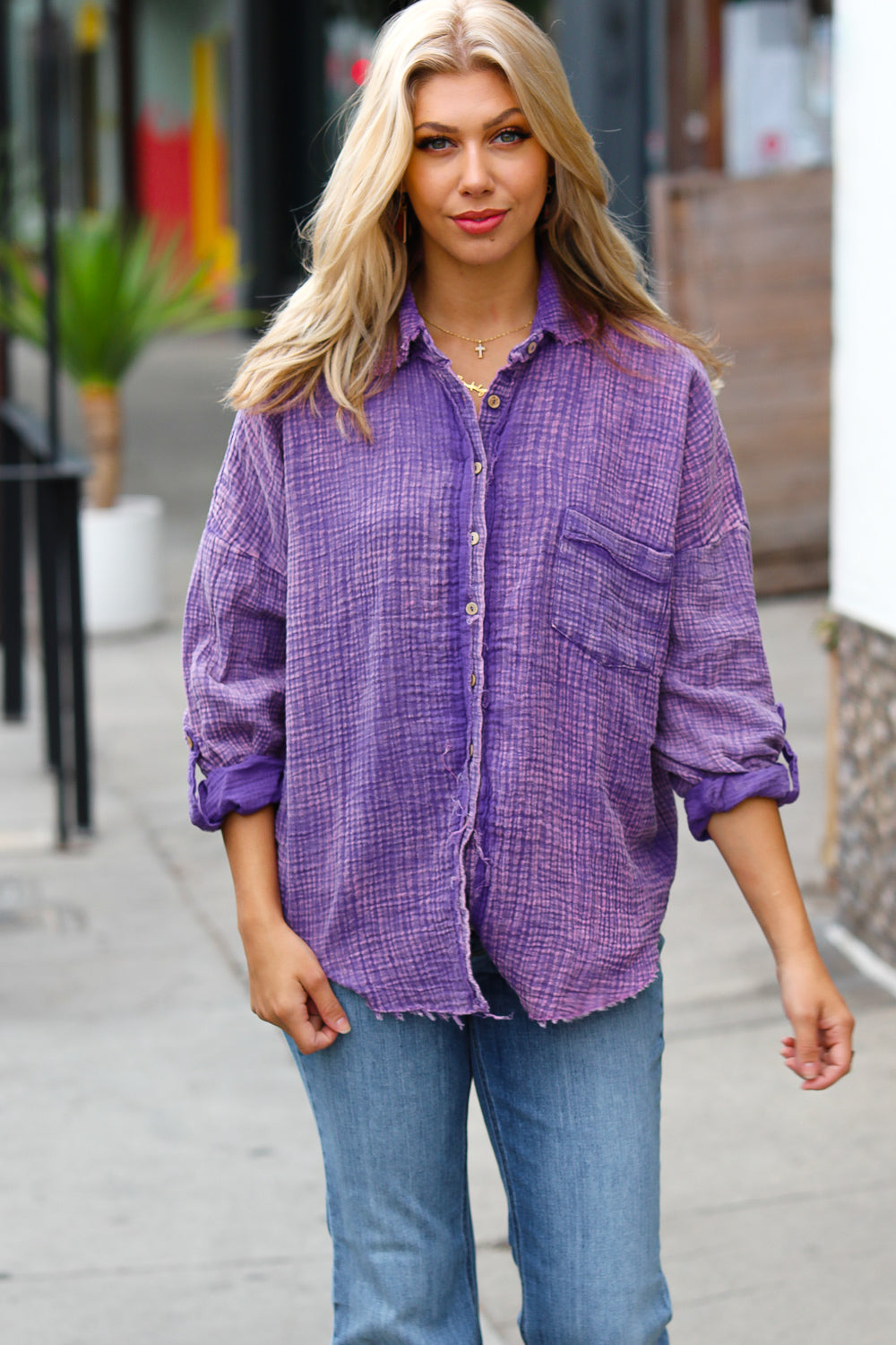 Violet Gauze Button Down Shirt