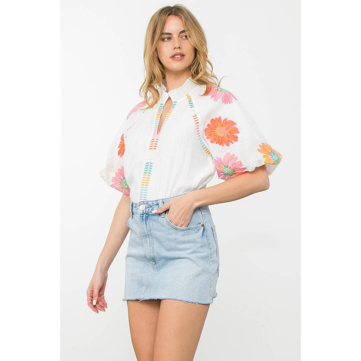 In Full Bloom Embroidered Puff Sleeve Top