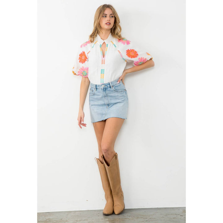 In Full Bloom Embroidered Puff Sleeve Top