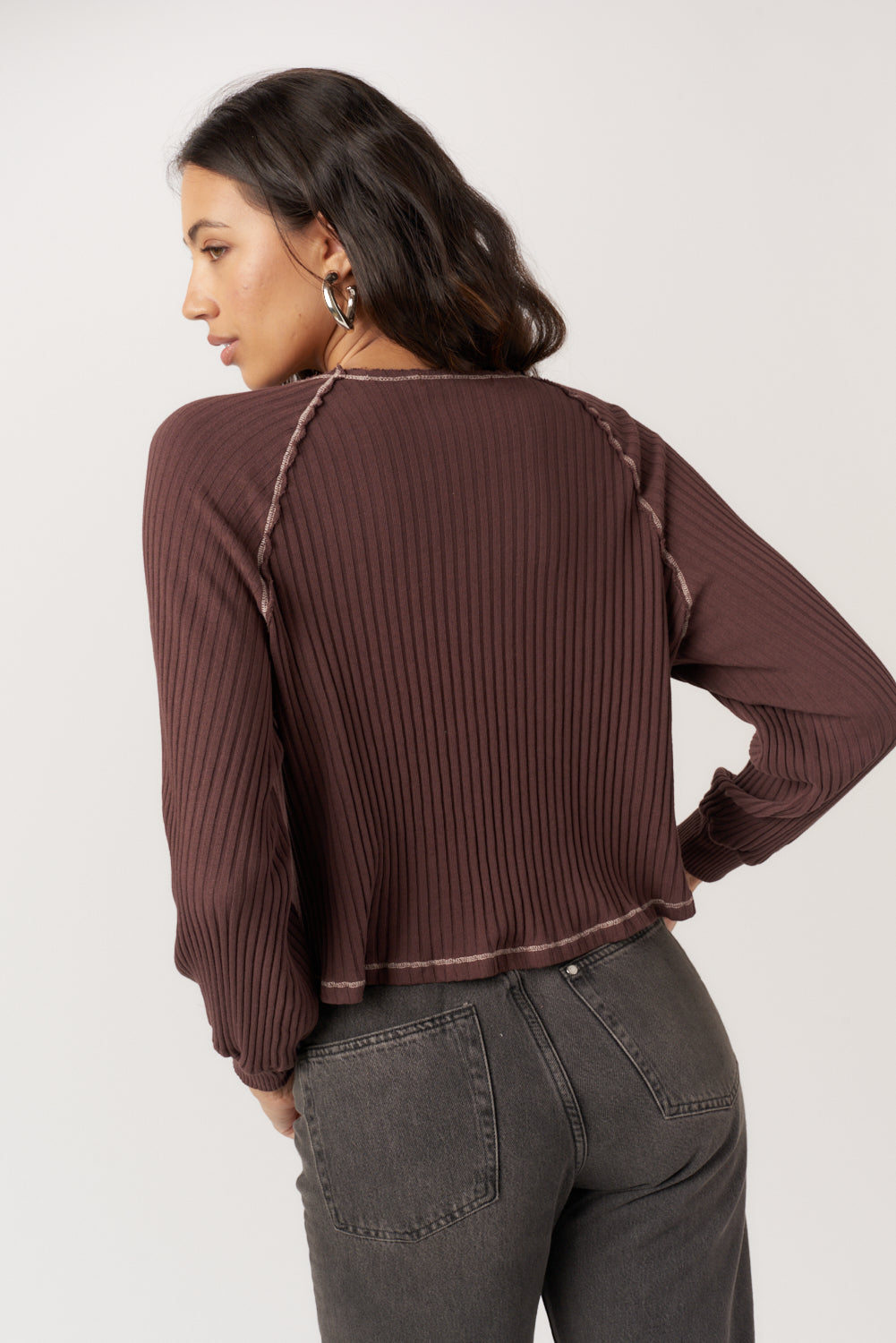 PROJECT SOCIAL T | Homebody V-Neck Rib Long Sleeve - Dark Mocha