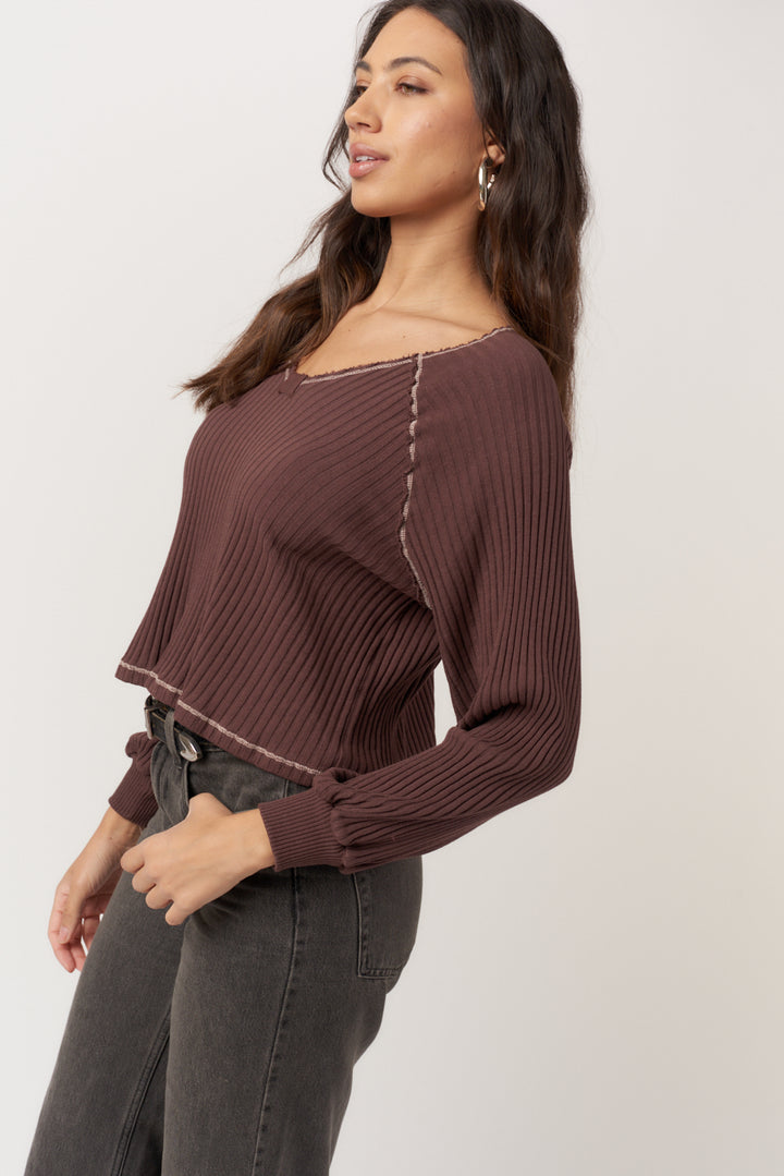 PROJECT SOCIAL T | Homebody V-Neck Rib Long Sleeve - Dark Mocha