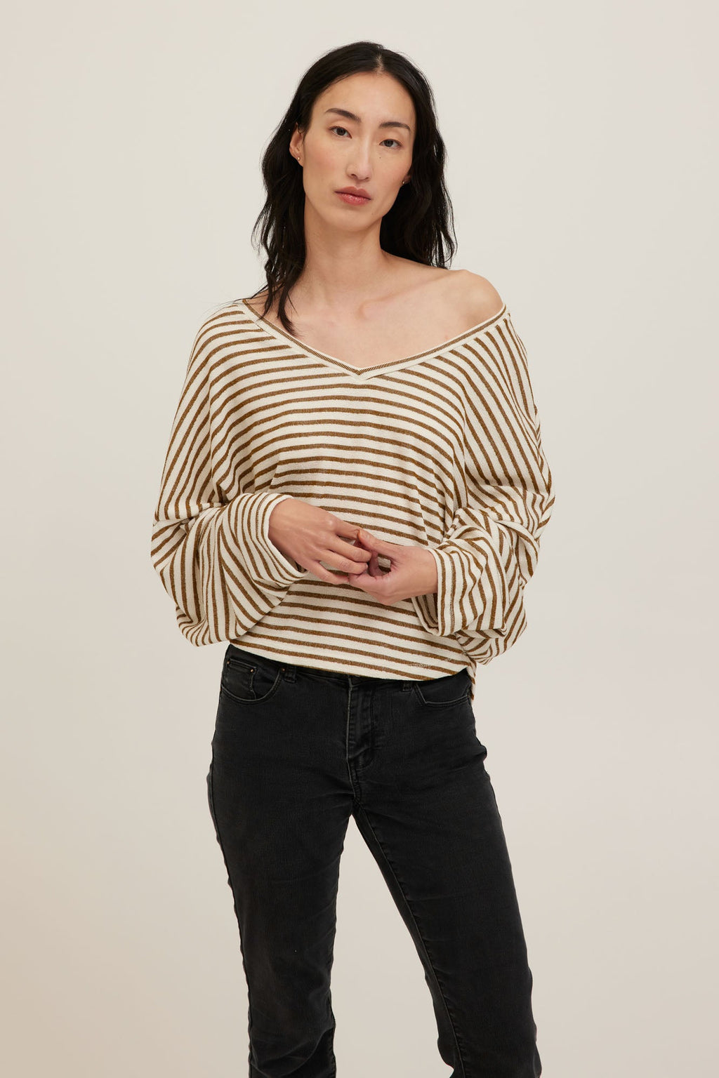 Ren Textured Stripe V-Neck Long Sleeve | Natural Spice