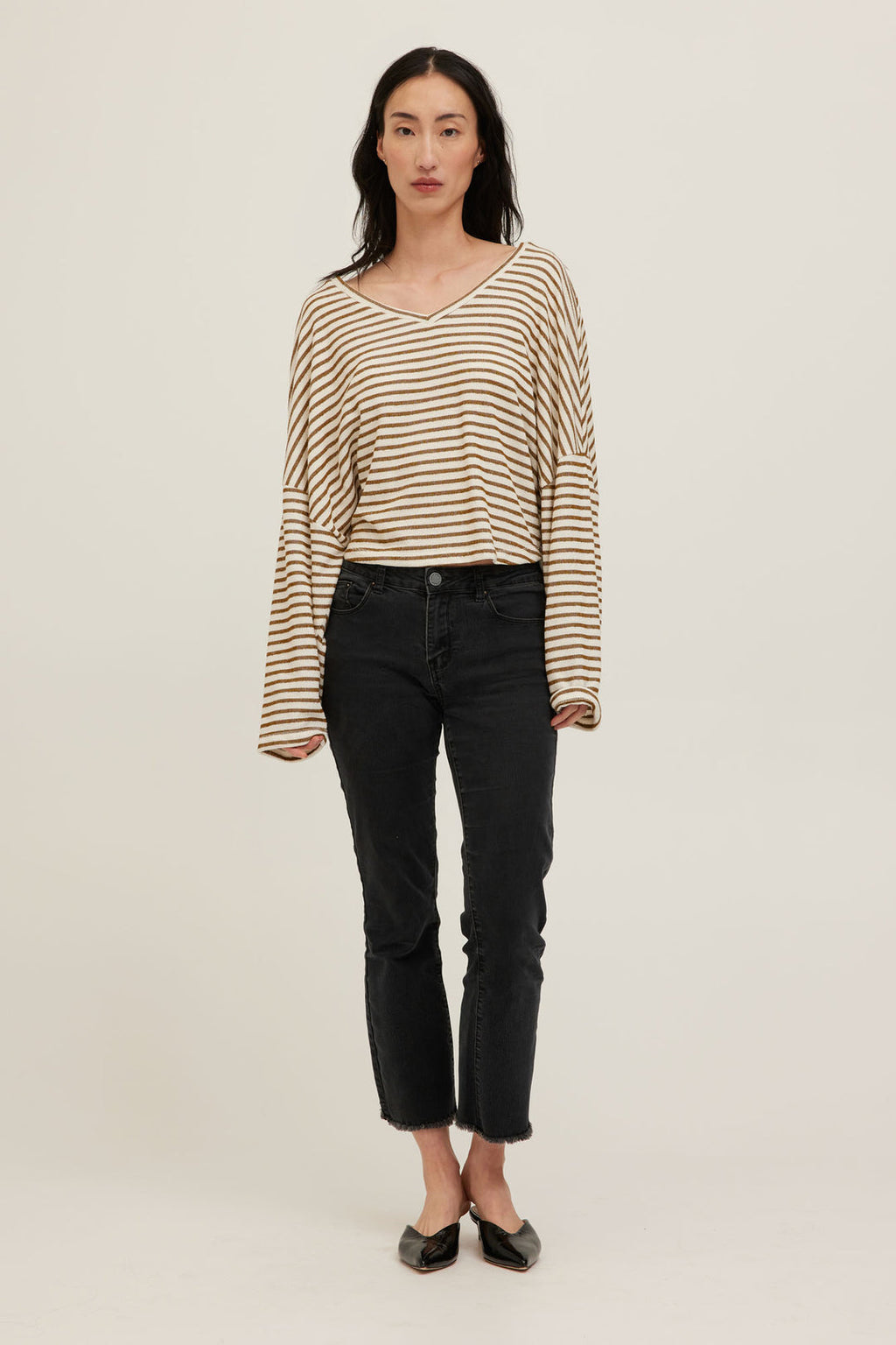 Ren Textured Stripe V-Neck Long Sleeve | Natural Spice