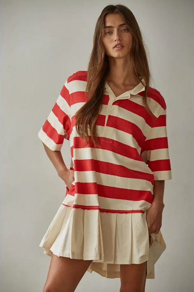 Varsity Red Stripe Pleated Mini Dress
