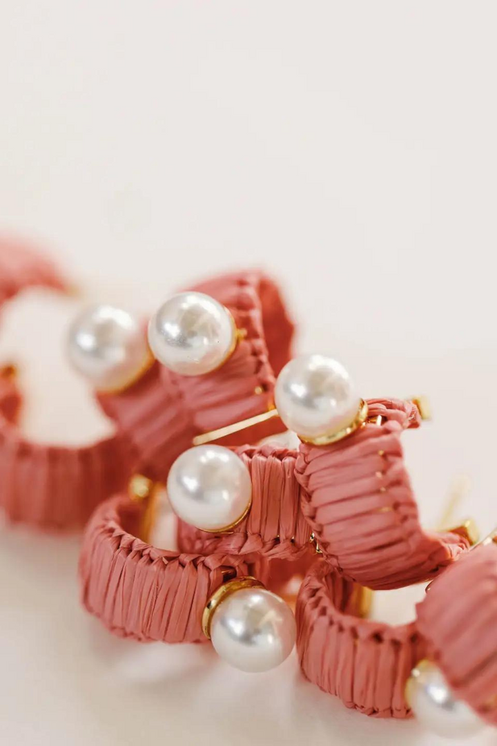 Mini Pink Raffia and Pearl Huggie Hoop Earrings