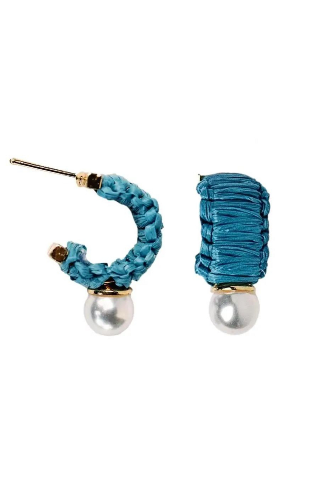 Mini Blue Raffia and Pearl Huggie Hoop Earrings
