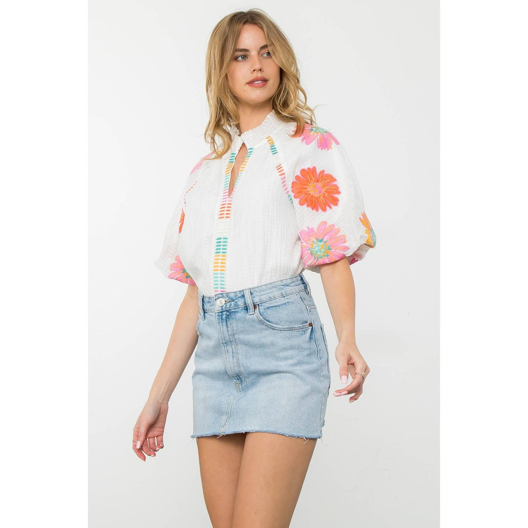 In Full Bloom Embroidered Puff Sleeve Top