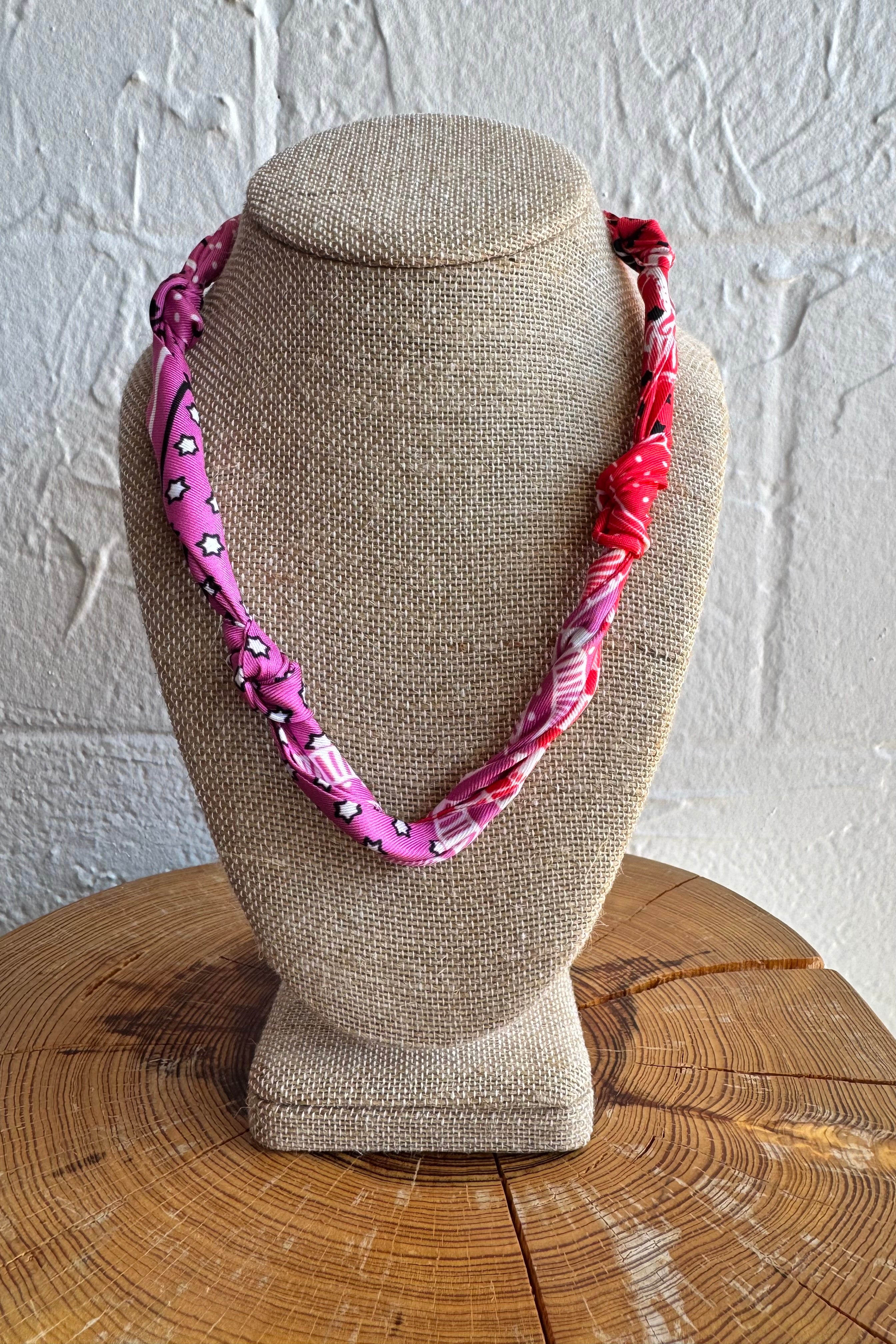 Knotted Bandana Scarf Necklace - Pink & Red