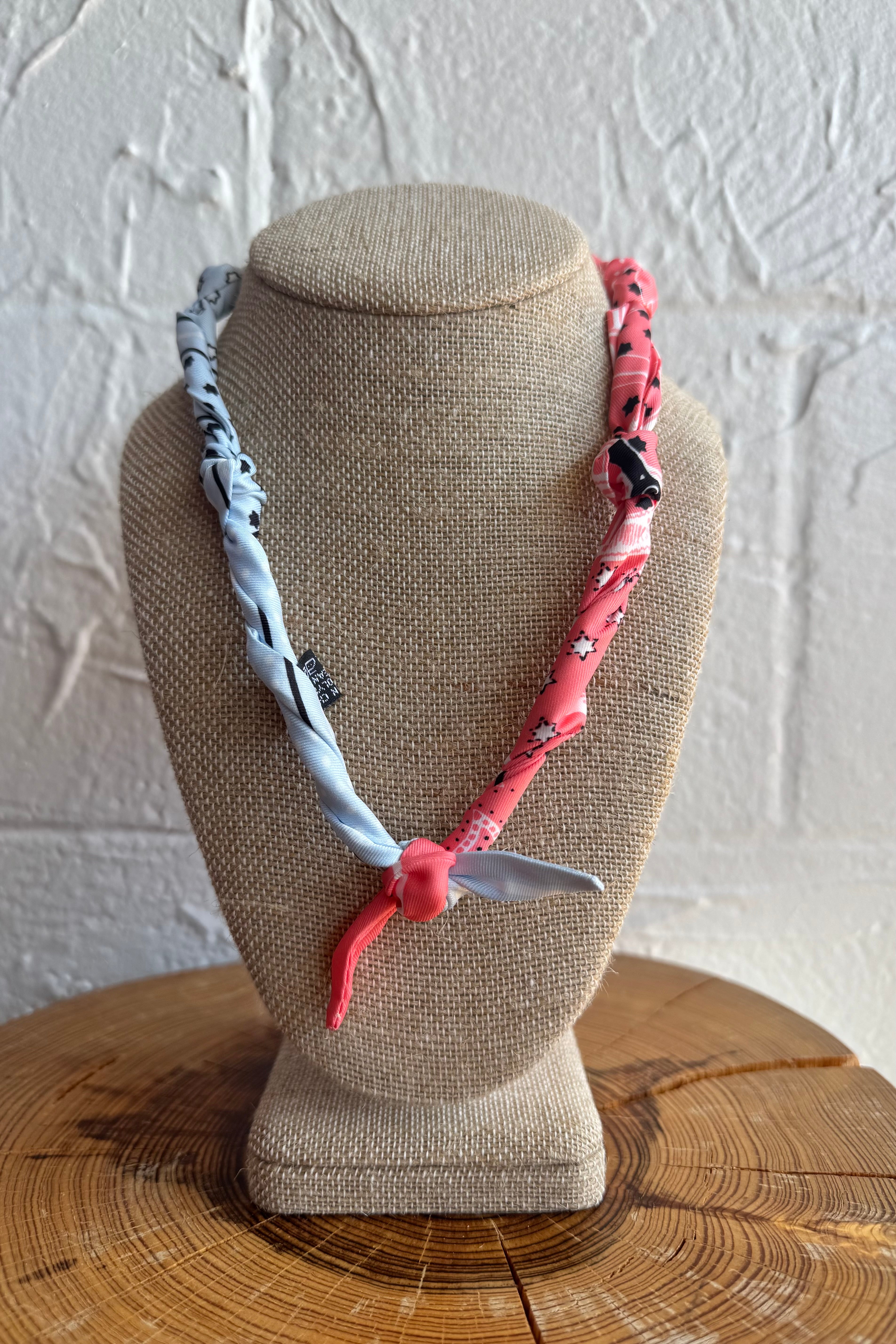 Knotted Bandana Scarf Necklace - Salmon & Baby Blue
