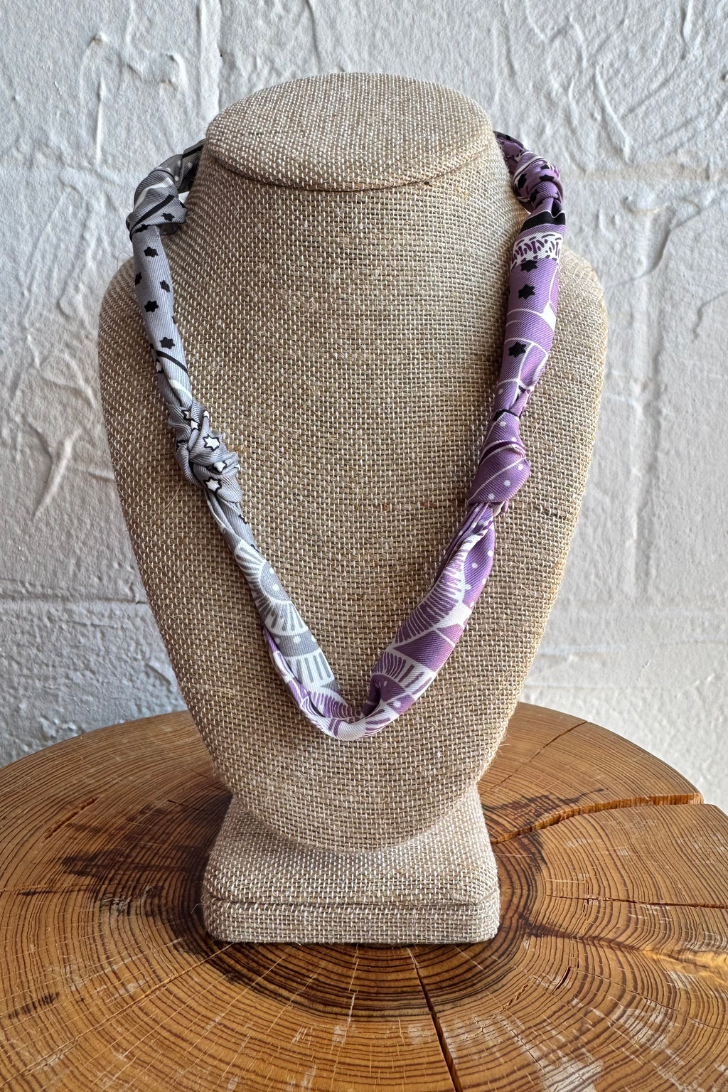 Knotted Bandana Scarf Necklace - Purple & Grey