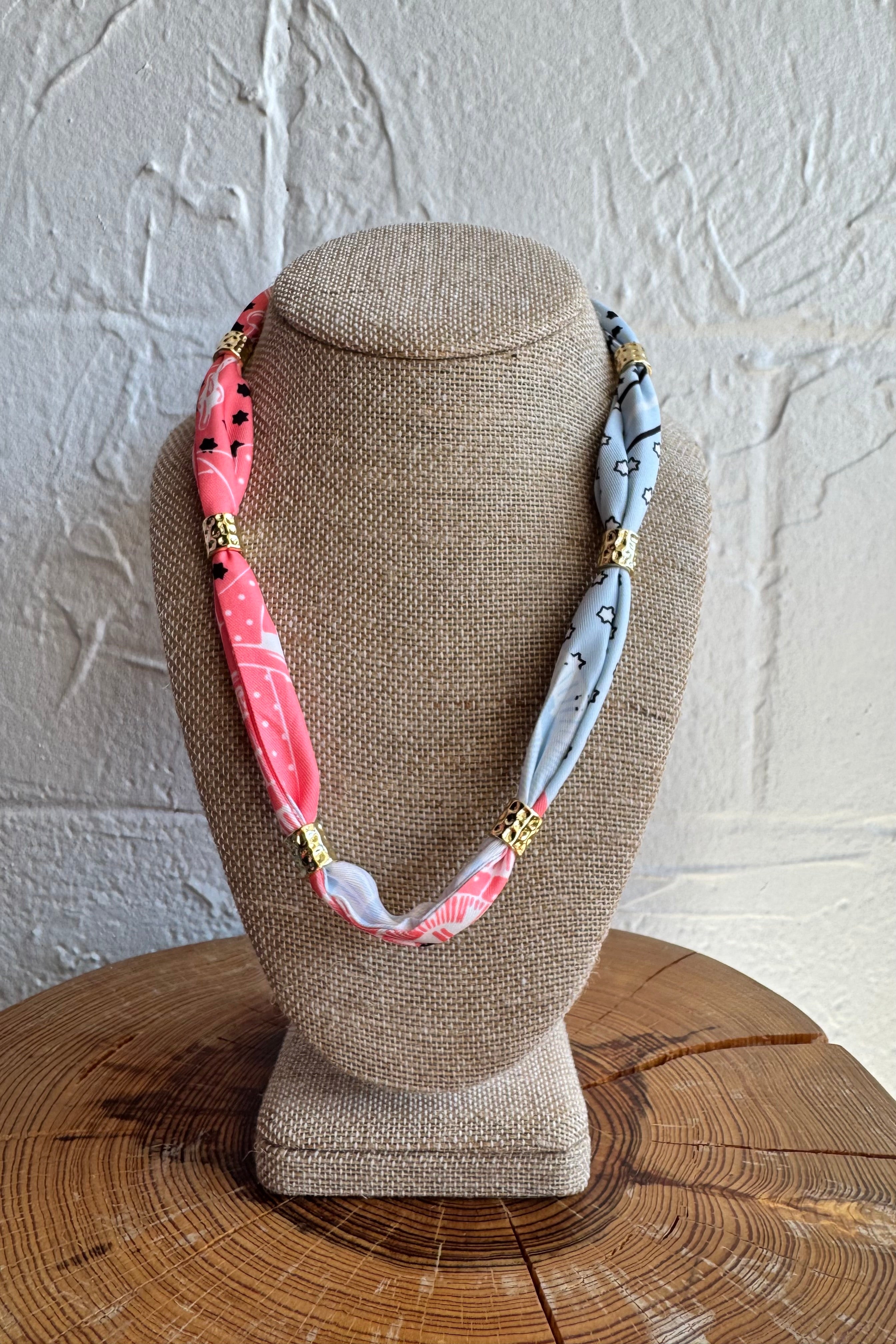 Bandana Scarf Necklace - Salmon & Baby Blue
