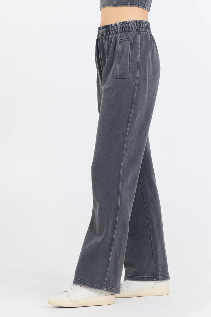 VINTAGE HAVANA | Washed Charcoal Garment Dye French Terry Flare Pant