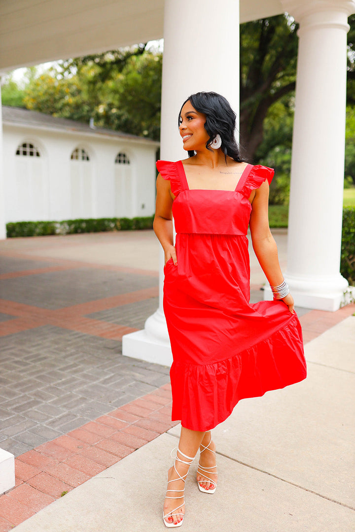 Beverly Ruffle Sleeve Midi Dress Red