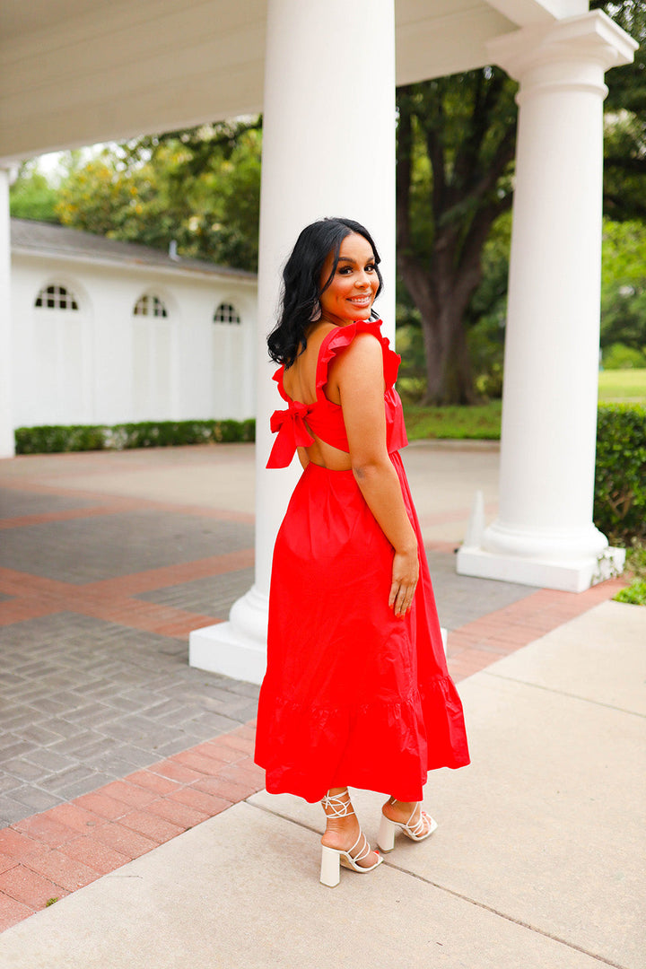 Beverly Ruffle Sleeve Midi Dress Red