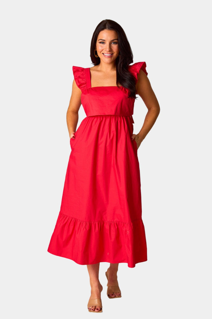 Beverly Ruffle Sleeve Midi Dress Red