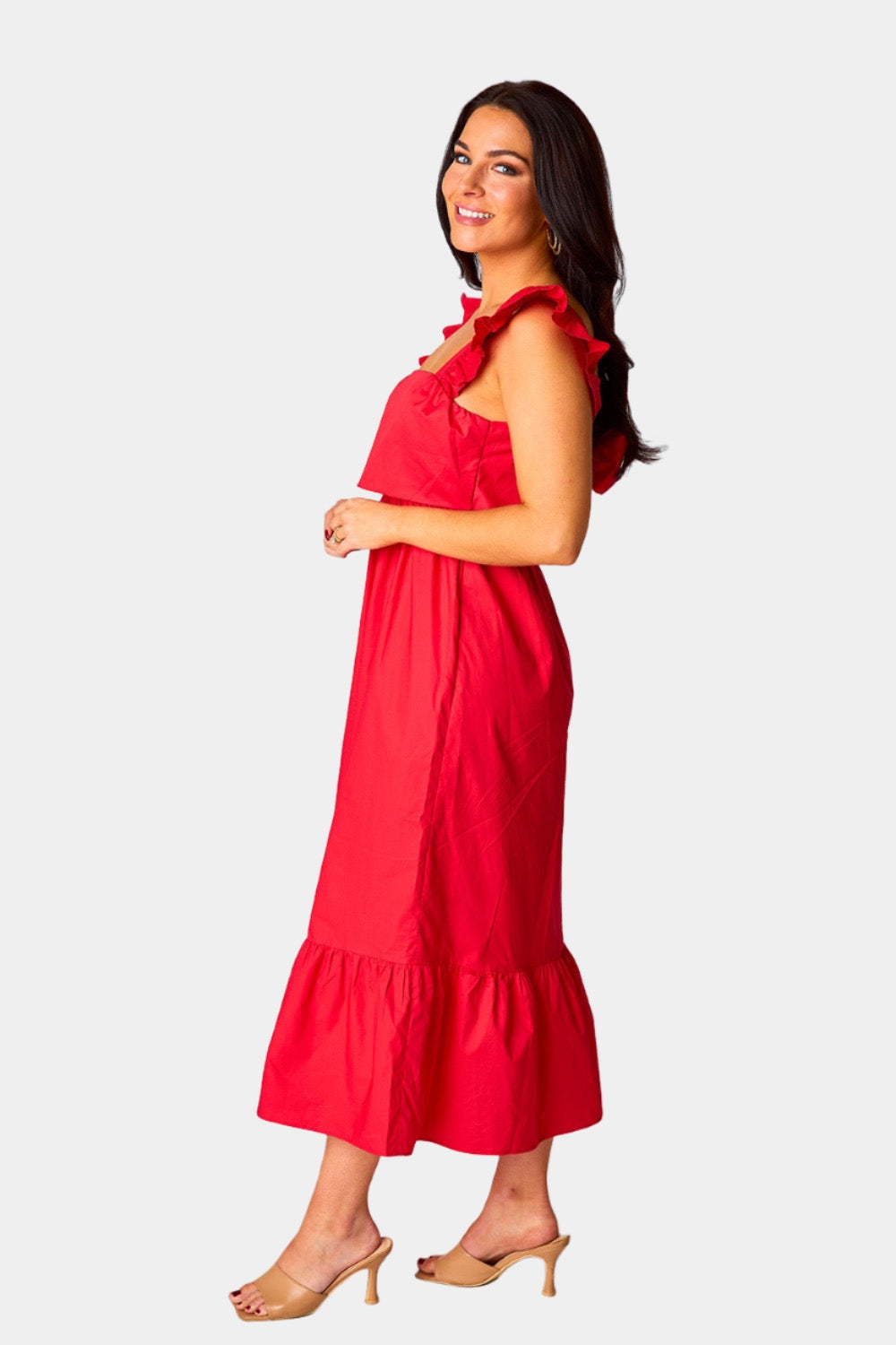 Beverly Ruffle Sleeve Midi Dress Red