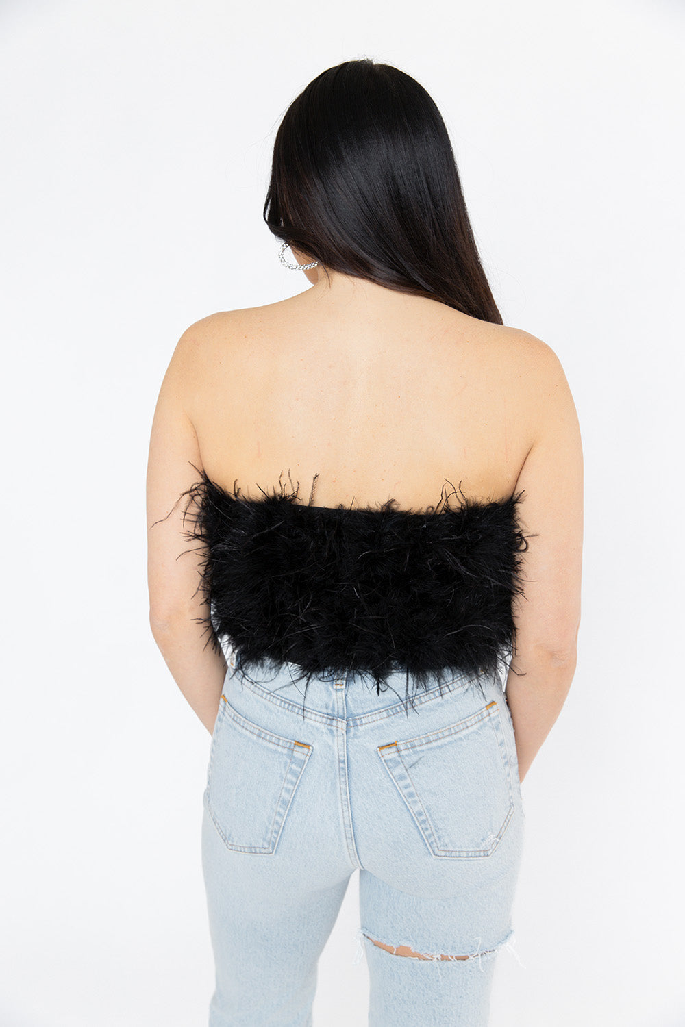 Fancy Strapless Feather Crop Top Black