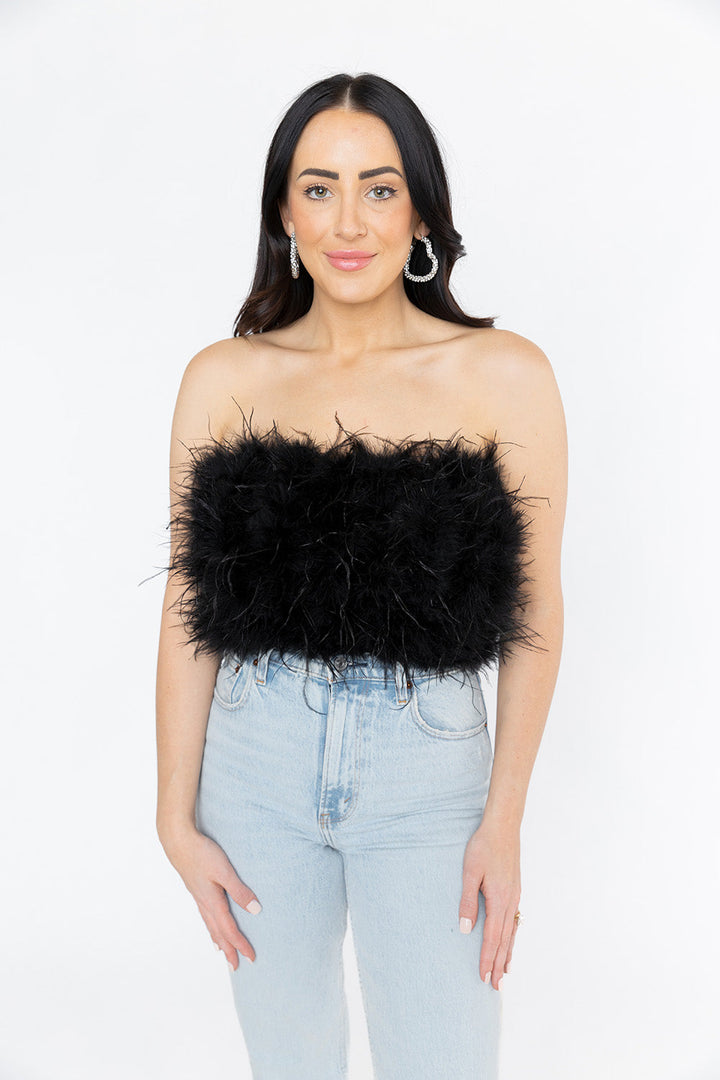 Fancy Strapless Feather Crop Top Black