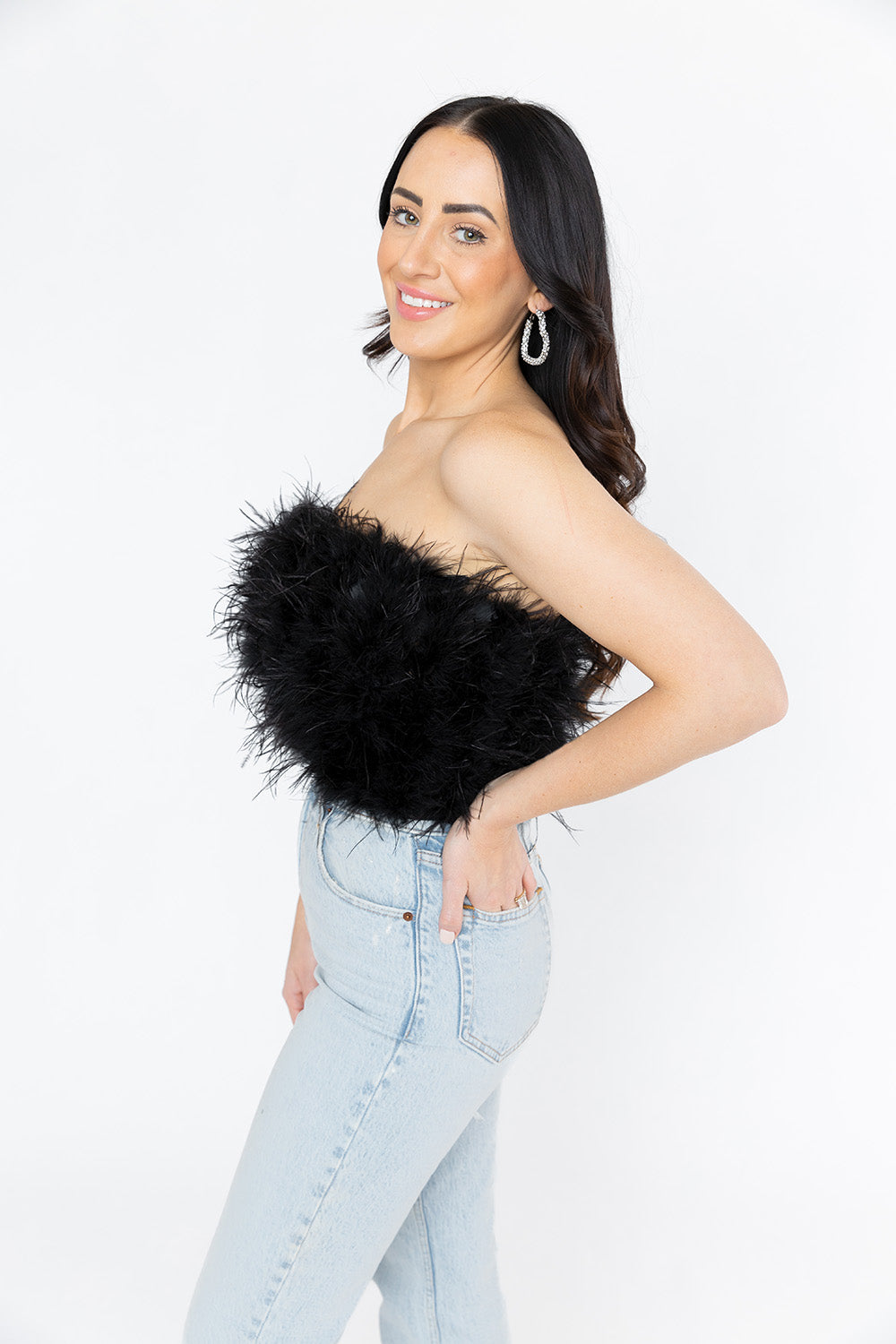 Fancy Strapless Feather Crop Top Black