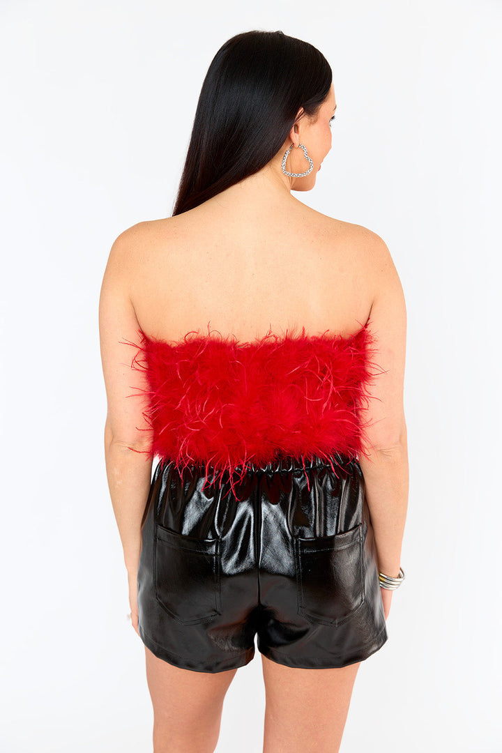 Fancy Strapless Feather Crop Top Crimson