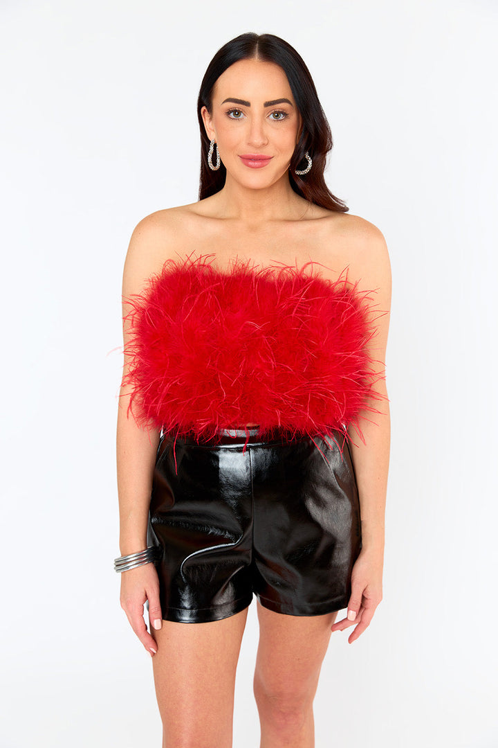 Fancy Strapless Feather Crop Top Crimson