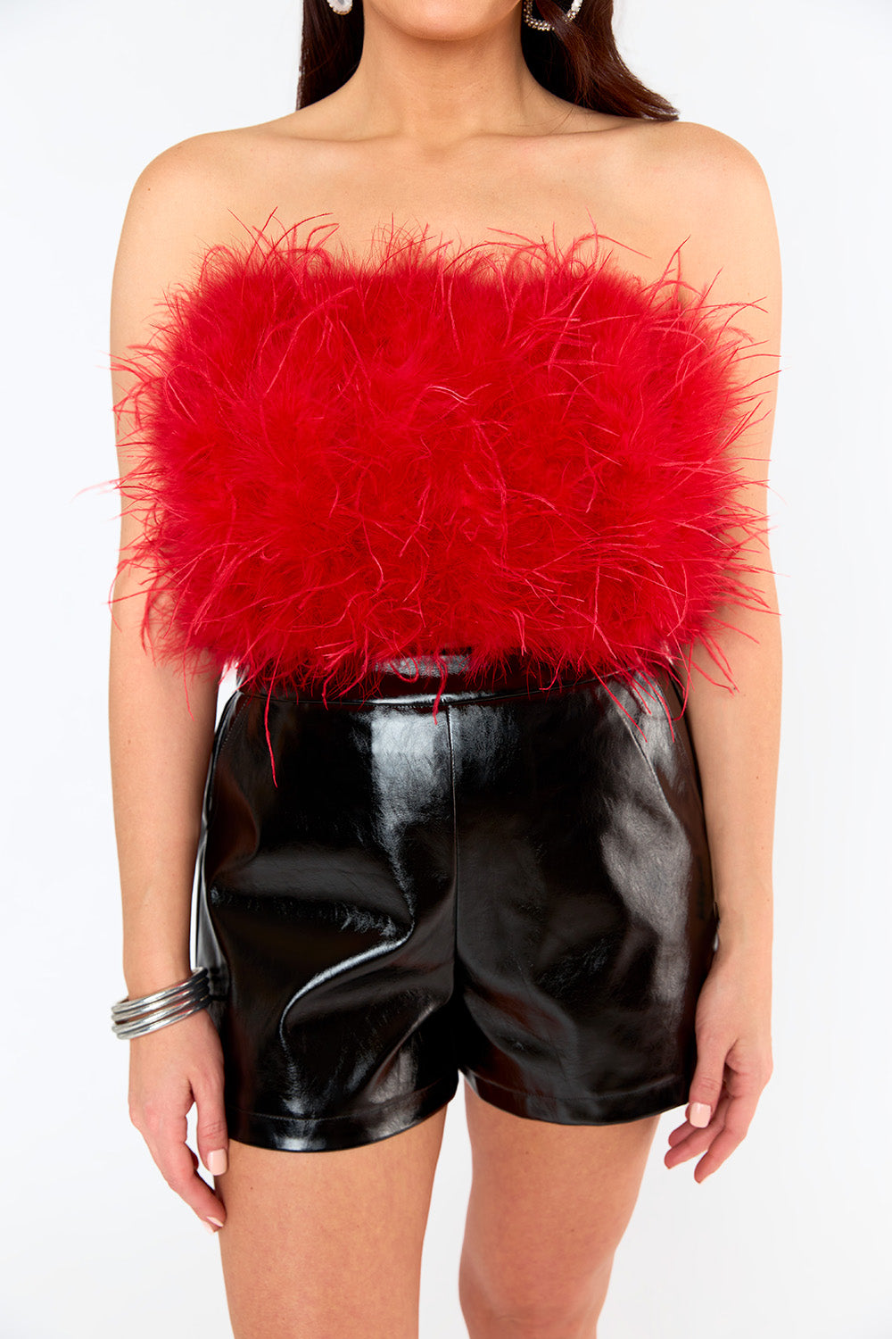 Fancy Strapless Feather Crop Top Crimson