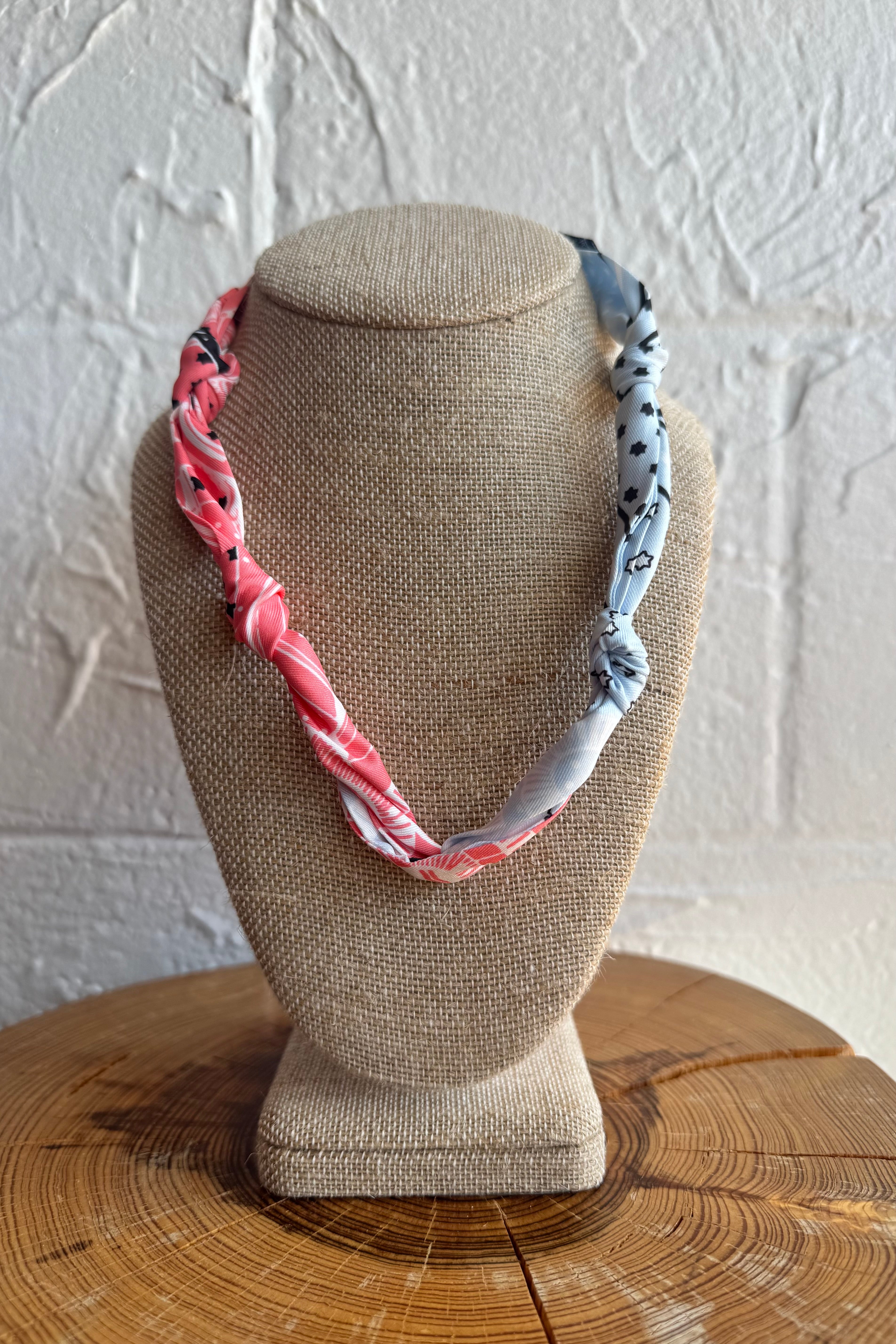 Knotted Bandana Scarf Necklace - Salmon & Baby Blue