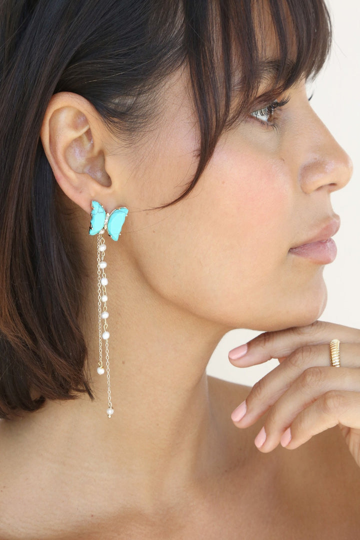 Ettika: Turquoise Butterfly Pearl Chain Dangle Earrings