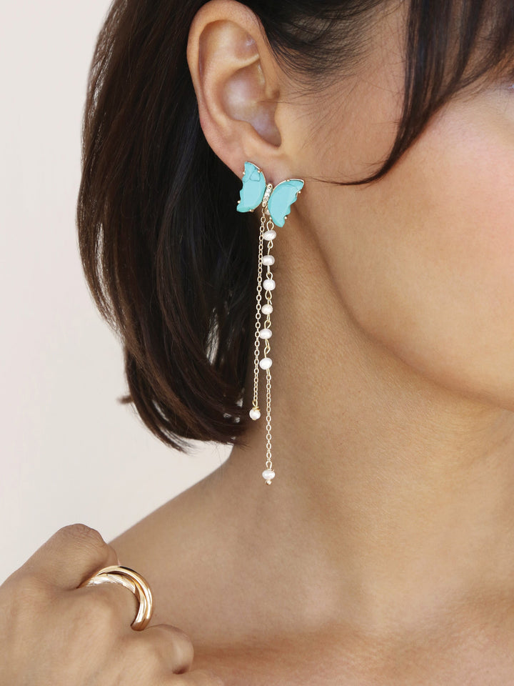 Ettika: Turquoise Butterfly Pearl Chain Dangle Earrings