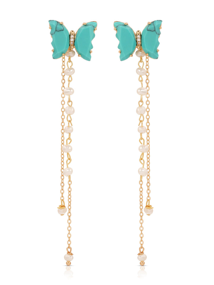 Ettika: Turquoise Butterfly Pearl Chain Dangle Earrings