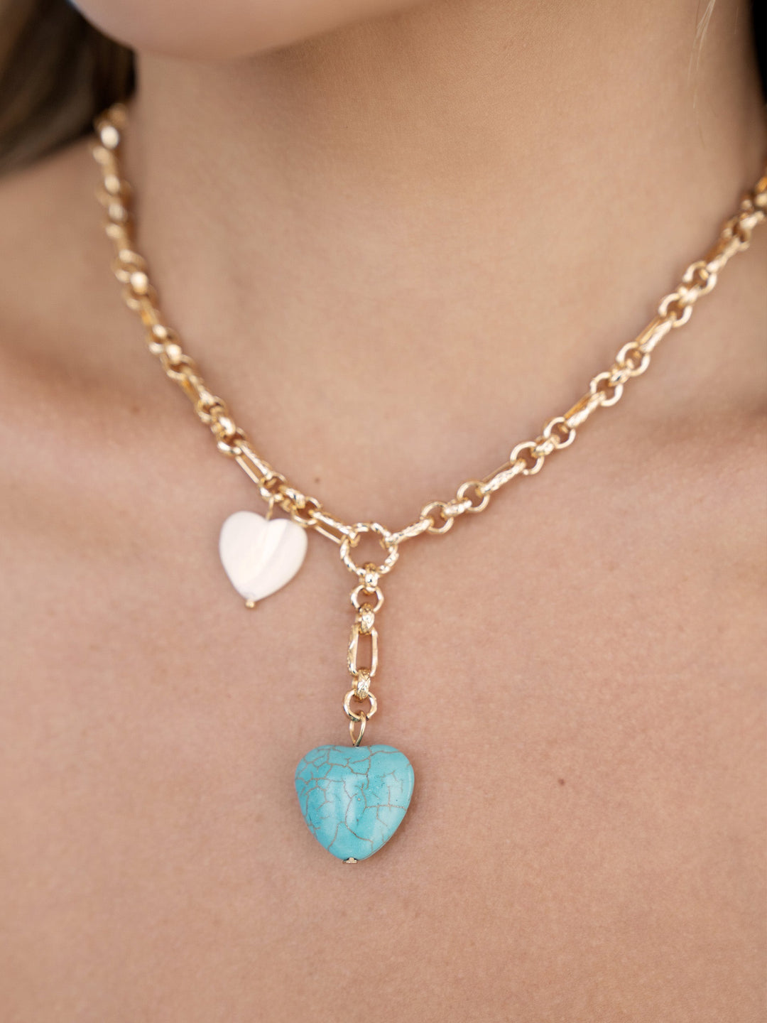 Ettika: Turquoise and Pearl Heart Linked Chain Lariat