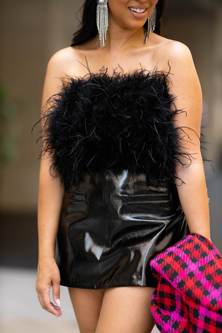 Fancy Strapless Feather Crop Top Black