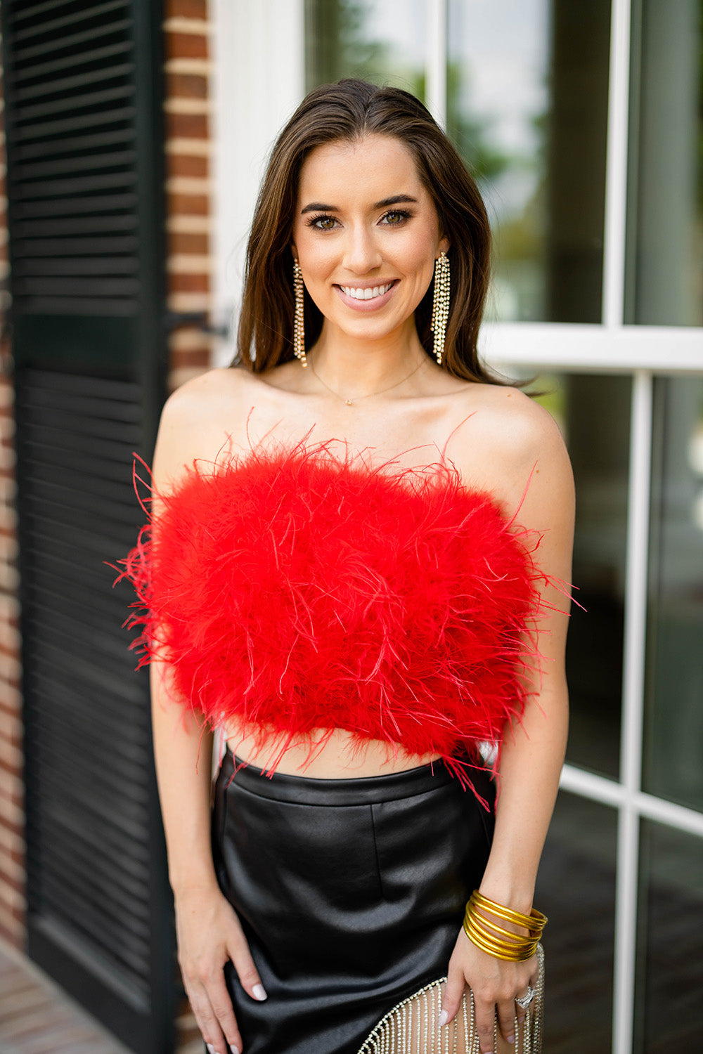 Fancy Strapless Feather Crop Top Crimson