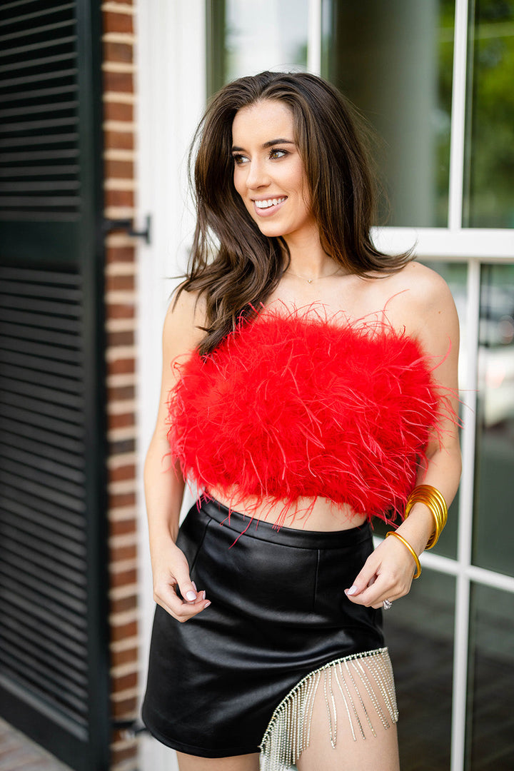 Fancy Strapless Feather Crop Top Crimson