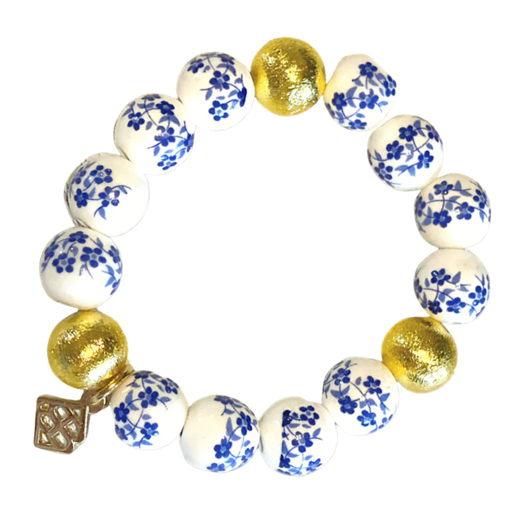 Blue and White Floral Beaded Bracelet