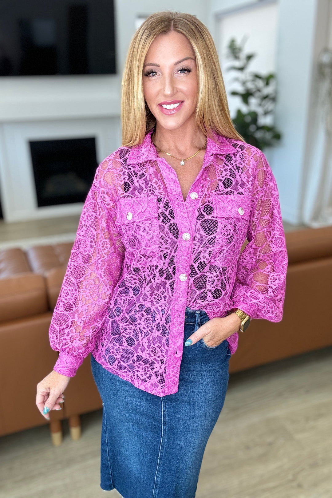 Reese Lace Button Up in Magenta