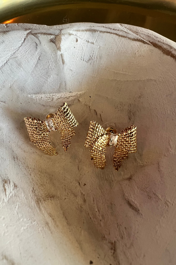 JANE MARIE | Textured Gold Bow with Crystal Accent Earrings