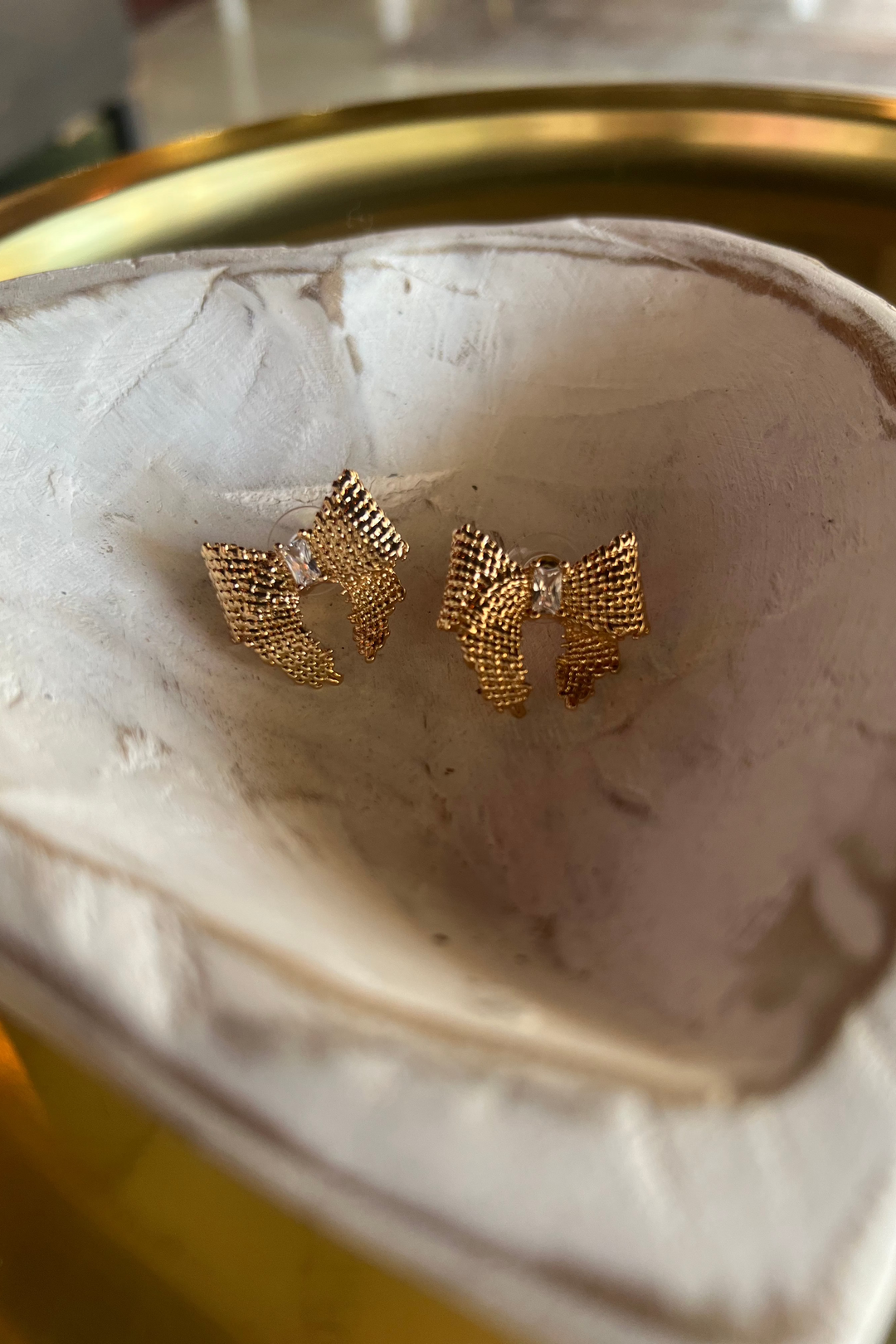 JANE MARIE | Textured Gold Bow with Crystal Accent Earrings