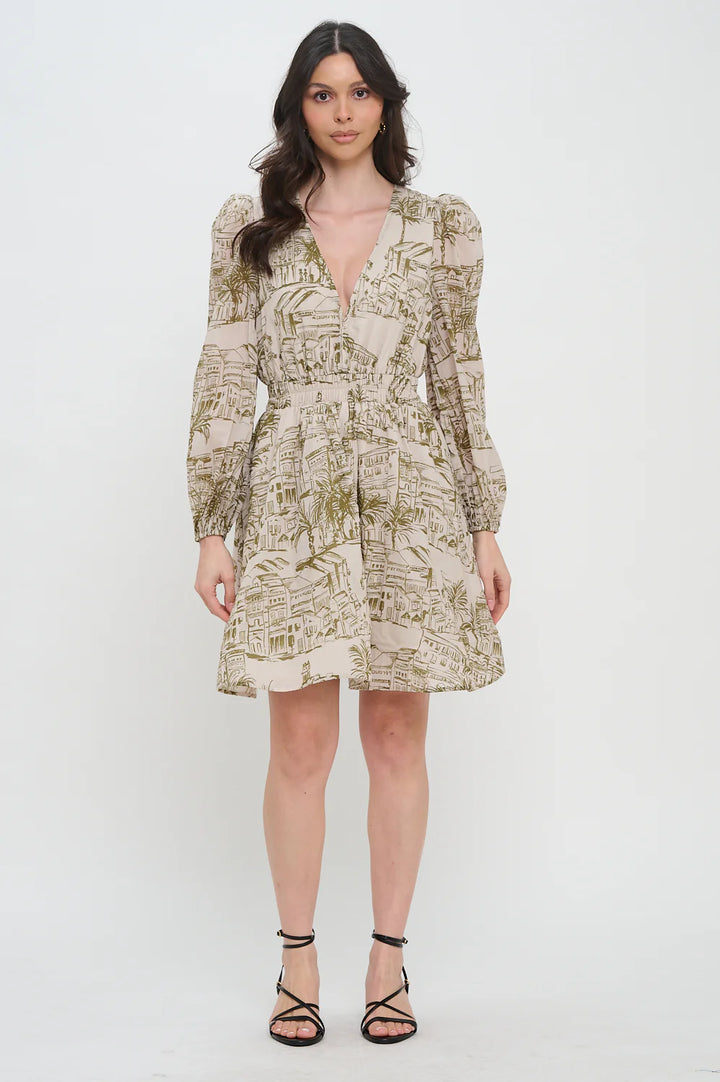Santorini Olive Long Sleeve Short Dress