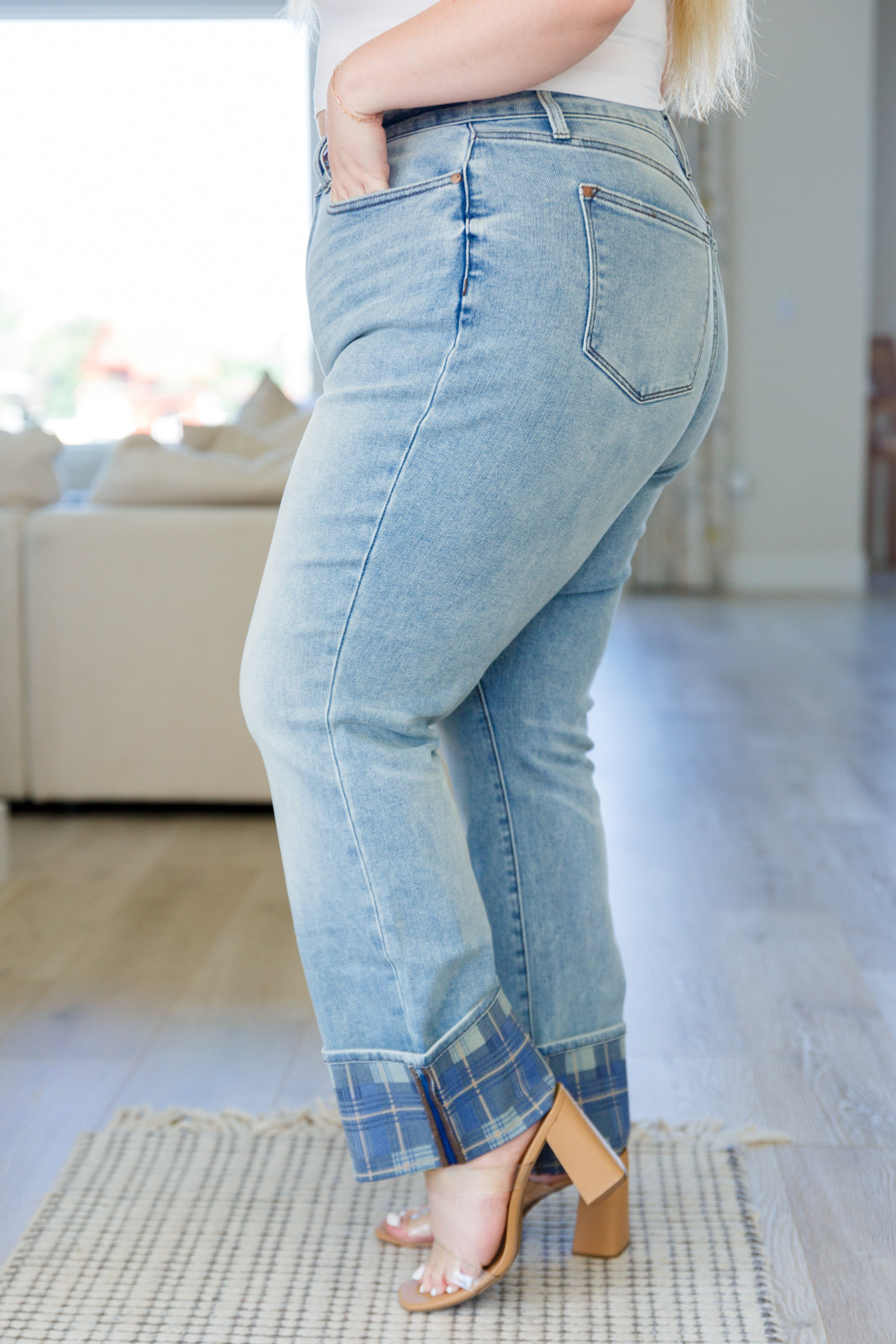 Judy Blue: Up to You High Rise Plaid Cuff Vintage Straight Jeans