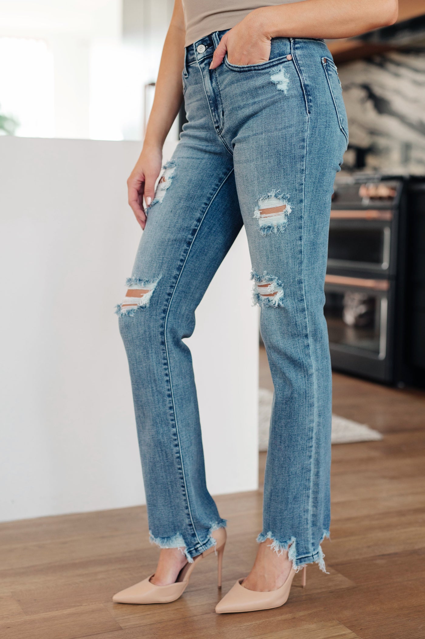 Judy Blue: Chi Town Mid Rise Destroyed Straight Jeans in Medium Wash