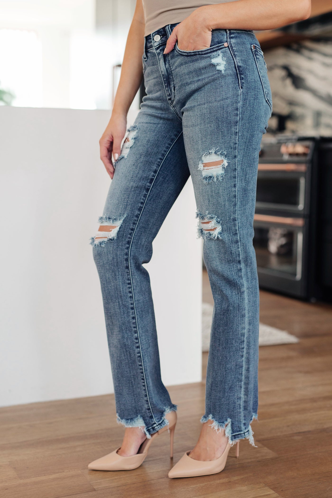 Judy Blue: Chi Town Mid Rise Destroyed Straight Jeans in Medium Wash