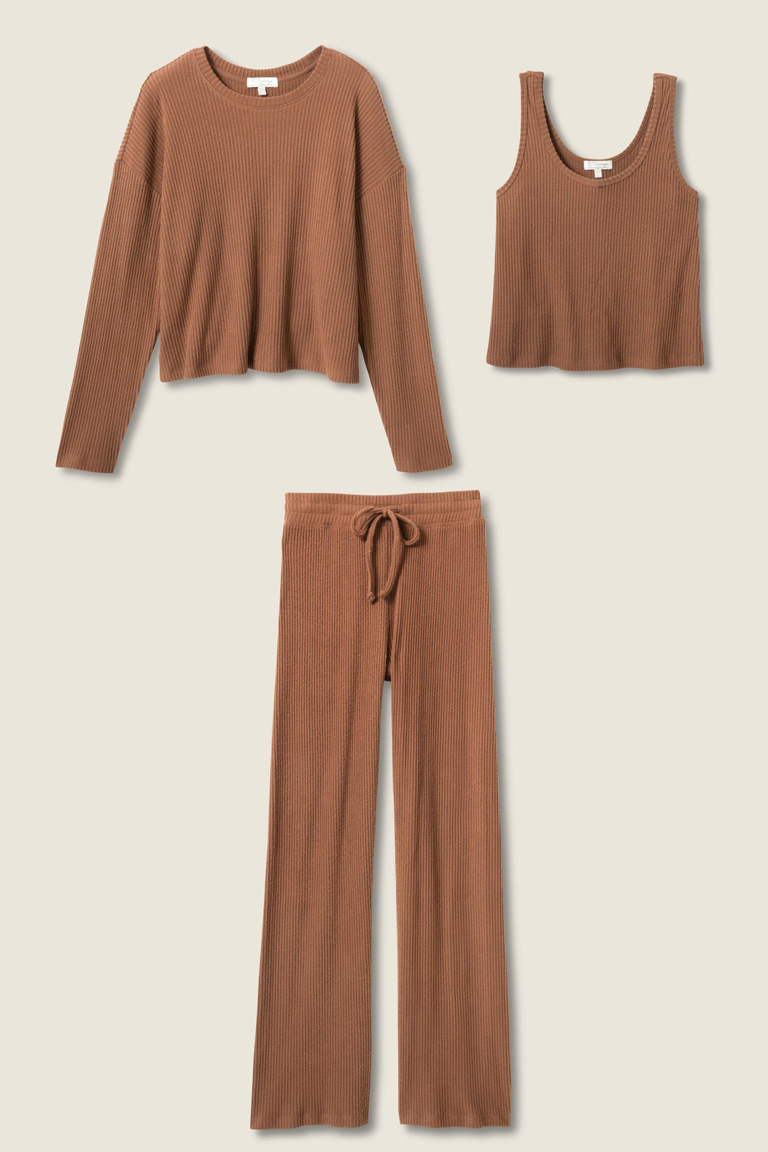 P.J. Salvage | 3-Piece Luxe Ribbed Brown PJ Set in Brown