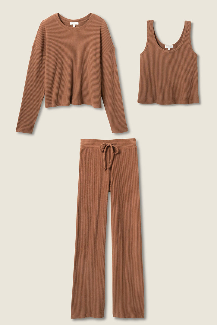 P.J. Salvage | 3-Piece Luxe Ribbed Brown PJ Set in Brown