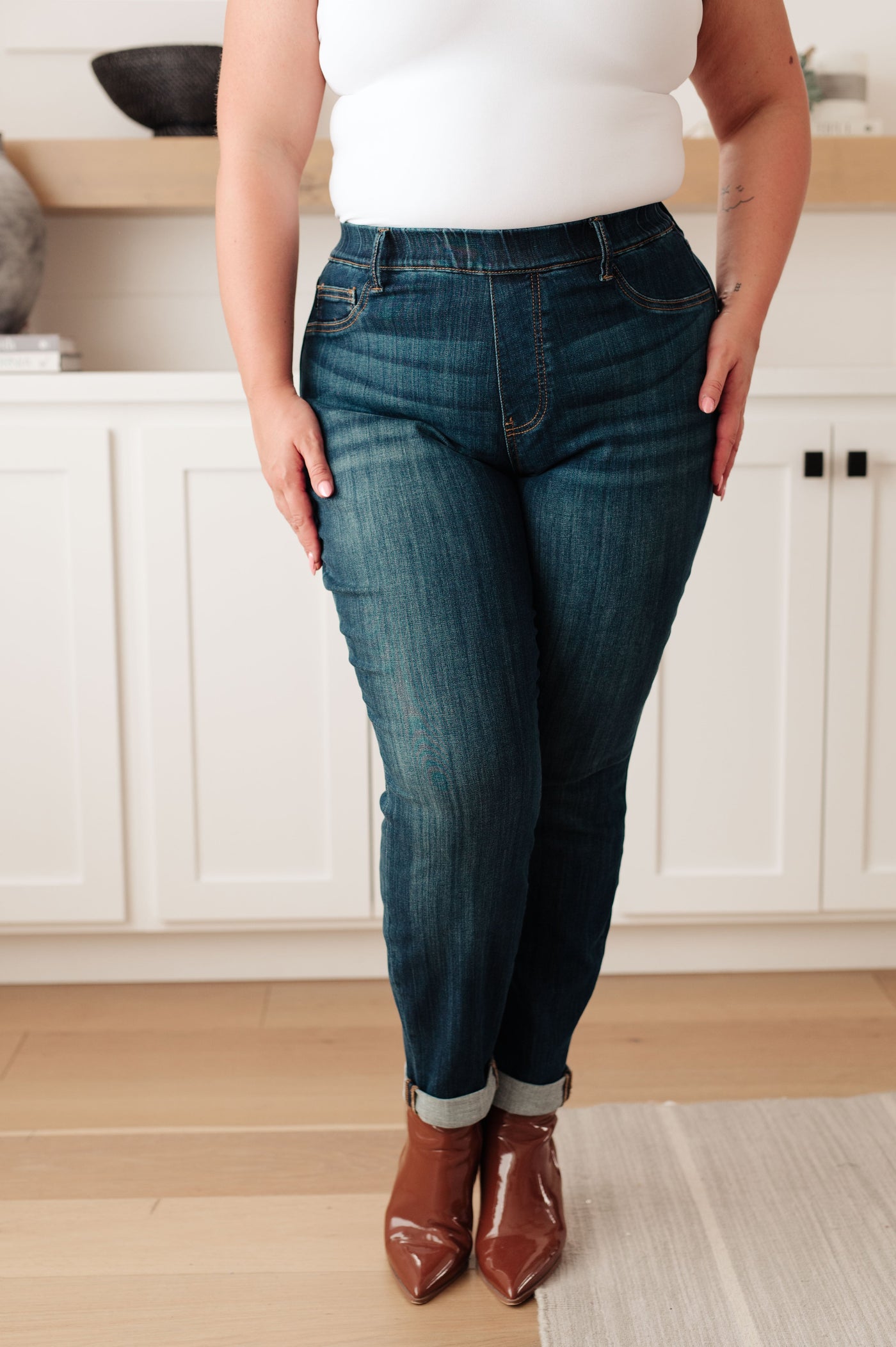 Judy Blue: Rowe High Rise Pull On Double Cuff Slim Jeans