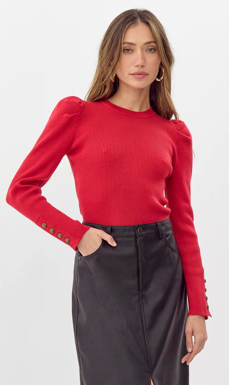 GREYLIN | Dani Button Puff Sleeve Ribbed Knit Top