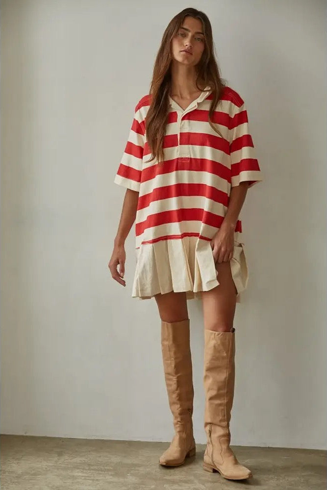 Varsity Red Stripe Pleated Mini Dress