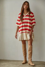 Varsity Red Stripe Pleated Mini Dress