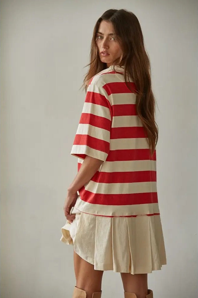Varsity Red Stripe Pleated Mini Dress